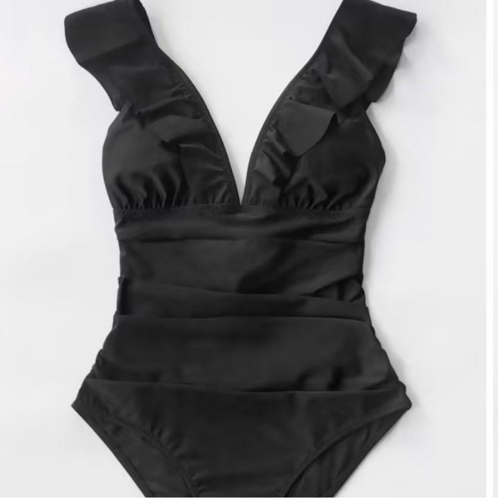 Seaside Ruffle Ruched one piece black swimsuits. Back Tie, moderate coverage. - Picture 3 of 3